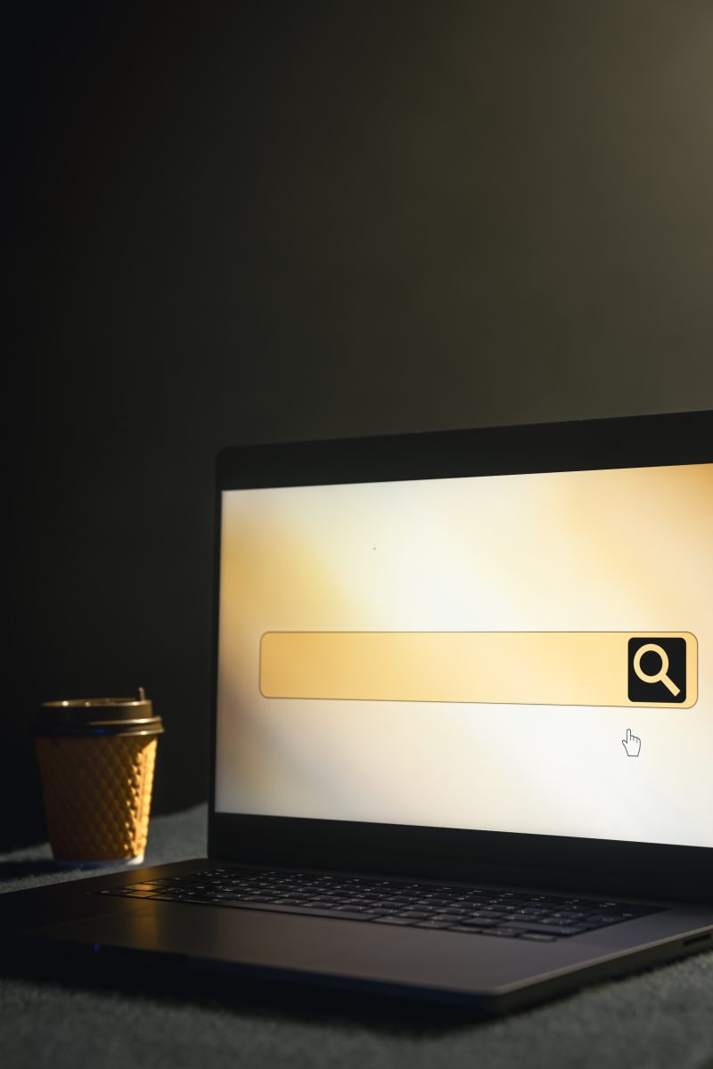 Search for beauty colleges in Canada using a laptop with an internet browser's search bar. Browsing and gathering data and information online.
