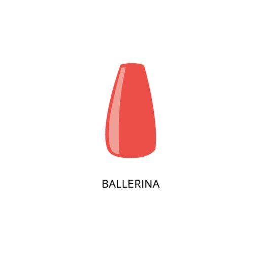 Coffin, Ballerina, nail shape. Red painted nail. female invoices nail with red polish. Nails care and fashion manicure in beauty salon for women.