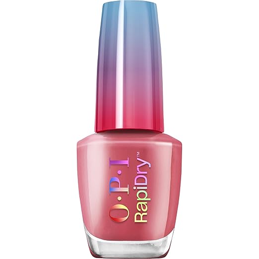A sleek bottle of OPI RapiDry nail polish with a gradient cap transitioning from blue to red, paired with a pinkish-red body. The label features bold and colorful text displaying 'O.P.I RapiDry,' highlighting its fast-drying formula.