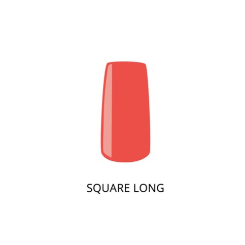 Square long nail shape. Red painted nail. female invoices nail with red polish. Nails care and fashion manicure in beauty salon for women.
