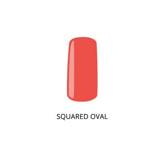 Squared Oval nail shape. Red painted nail. female invoices nail with red polish. Nails care and fashion manicure in beauty salon for women.