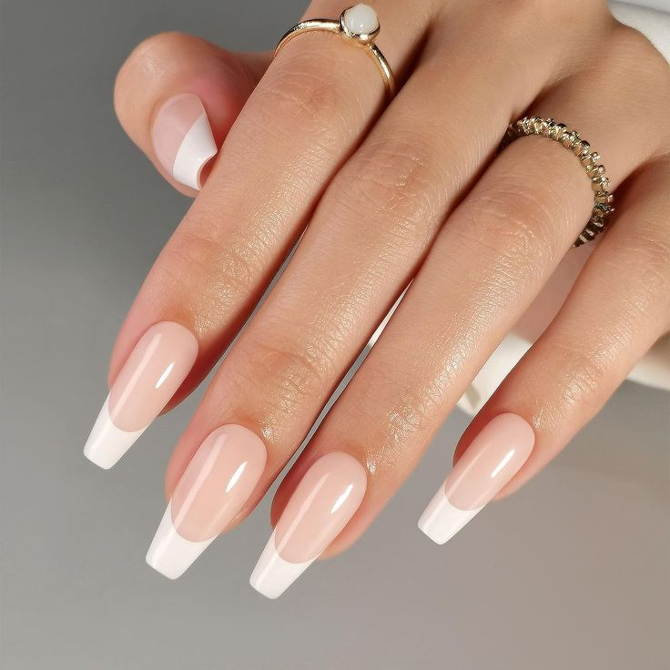 White French Tip Press on Nails Coffin. 