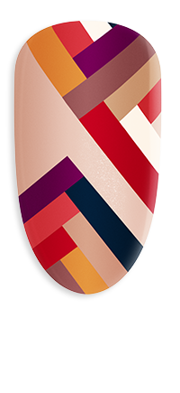 CND summer nails. nail designs. colorful nail design. A nail with a geometric pattern featuring intersecting lines in shades of red, pink, orange, and beige.