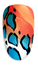 CND summer nails. nail designs. colorful nail design. Blue and orange nail design. A nail with an abstract pattern resembling animal print, with blue, black, and white spots on an orange background.