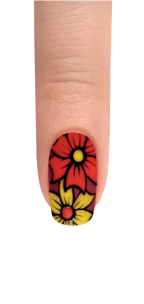Floating Petals nail design for Spring 2025. The nails feature delicate floral patterns in soft pastel shades, accented with black outlines for added definition. The intricate design captures the essence of spring with a touch of elegance and creativity.