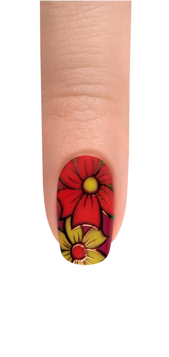 A close-up of a hand showcasing the "Floating Petals" nail design for Spring 2025. The nails feature intricate floral patterns in soft pastel shades, beautifully accented with black outlines for a striking contrast. This design captures the essence of spring with its delicate and creative elegance, bringing a touch of nature's beauty to your fingertips.
