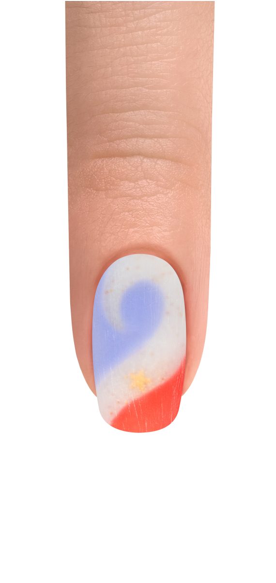Colorful painted nail in white, orange, and light blue.