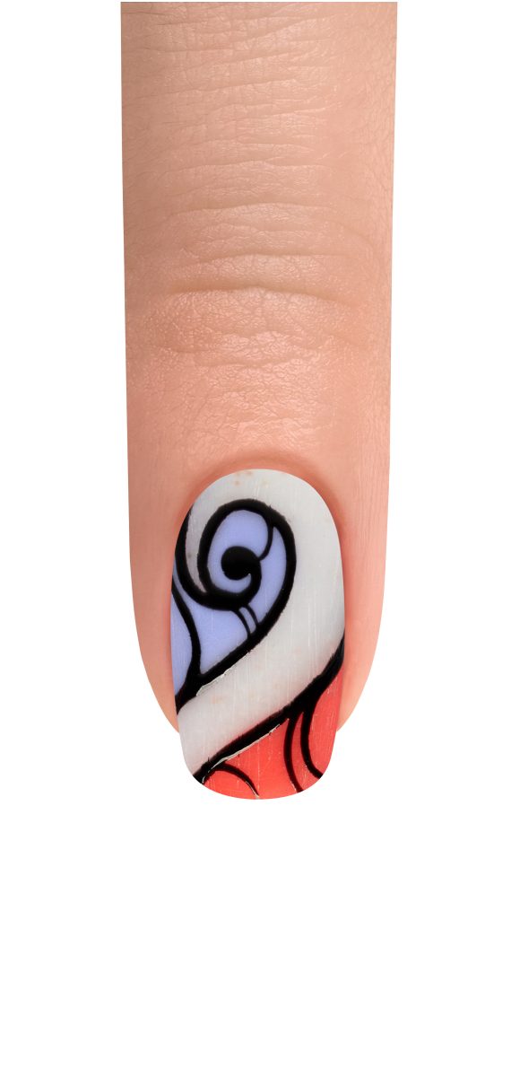 Colorful painted nail in white, orange, and light blue with black accent nail art. On Cloud Zen nail design.