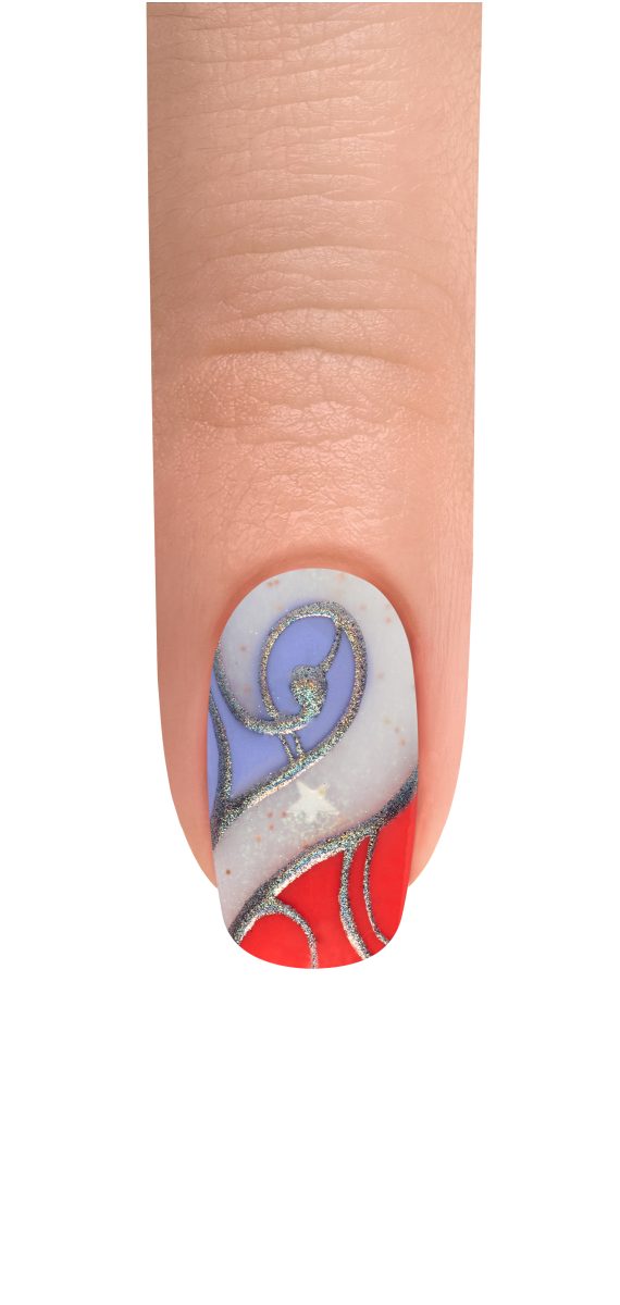 Colorful painted nail in white, orange, and light blue with silver accent nail art.