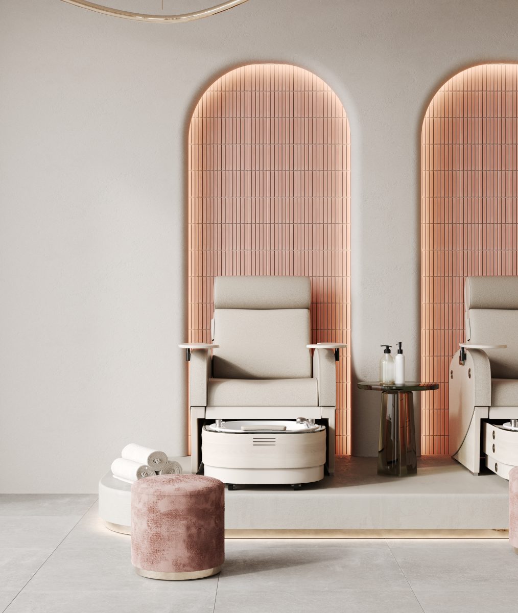 Nail salon interior, modern pedicure armchairs in manicure shop. Pedicure Chair and Technician Stool.