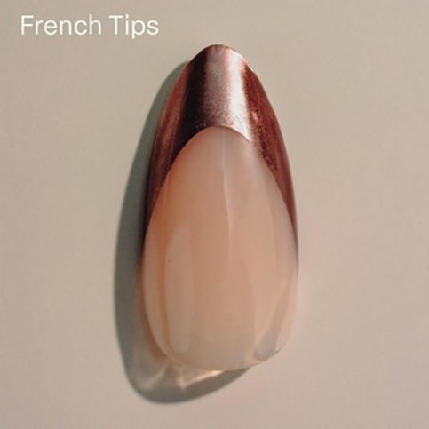A single nail featuring a classic French tip design, created using the Apres Silk Cover Collection. The nail has a soft pink natural base with a sleek metallic rose gold tip, adding a modern and elegant twist to the timeless style. The text "French Tips" is displayed in the corner, emphasizing the design’s simplicity and sophistication.