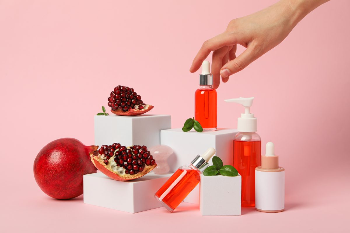 How to Choose the Right Pre-Wax Products. Self care and skincare products concept - pomegranate cosmetics.