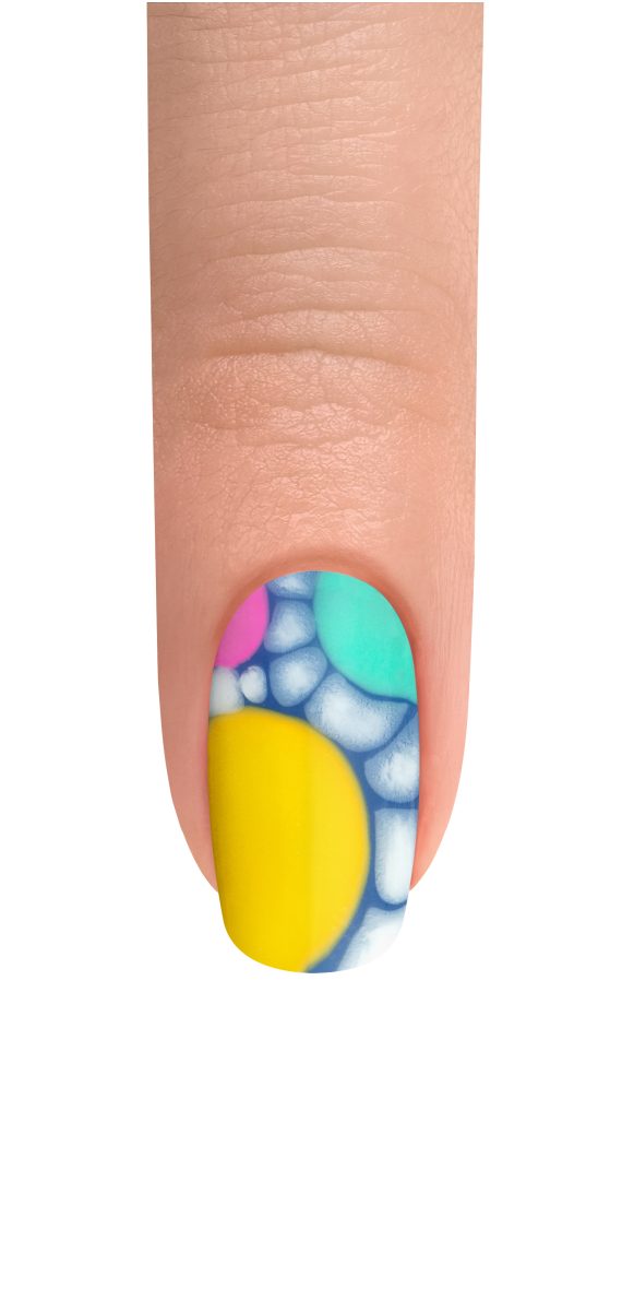 Let’s Bloom (Gelish Summer 2025 Collection): A delicate floral nail design from the Gelish Summer 2025 collection, featuring Hold Me Tighter, Don’t Be A Tease, and Unwind With Me in soft watercolor-like flowers, with a pop of Do The Tangle at the flower centers for a striking contrast.