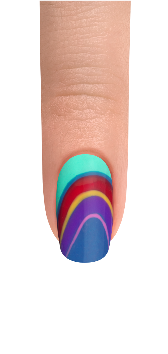 Reverse French (Gelish Summer 2025 Collection): A contemporary take on the classic French manicure from the Gelish Summer 2025 collection, featuring Unwind With Me as the base and bold indigo blue lines, accented by bright cherry and cyber yellow gradients along the cuticle area.