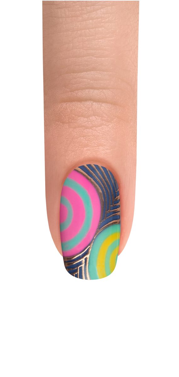 Statement Maker (Gelish Summer 2025 Collection): A high-fashion nail design from the Gelish Summer 2025 collection, with dynamic diagonal lines and half-moon shapes in contrasting Hold Me Tighter, Don’t Be A Tease, and Unwind With Me, finished with a matte topcoat for a bold and dramatic effect.
