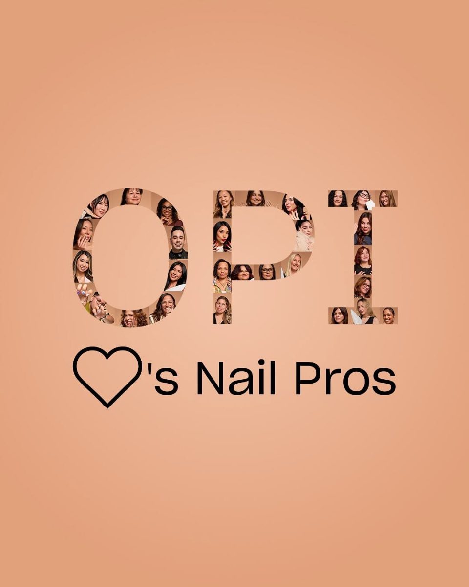 A promotional design for OPI Nail Products 2025. The bold 'OPI' lettering is filled with small images of diverse nail professionals, celebrating their artistry and expertise. Below, a heart symbol followed by '’s Nail Pros' emphasizes the brand’s appreciation for those shaping the world of nail beauty. Set against a warm peach background, the graphic exudes creativity and inclusivity.