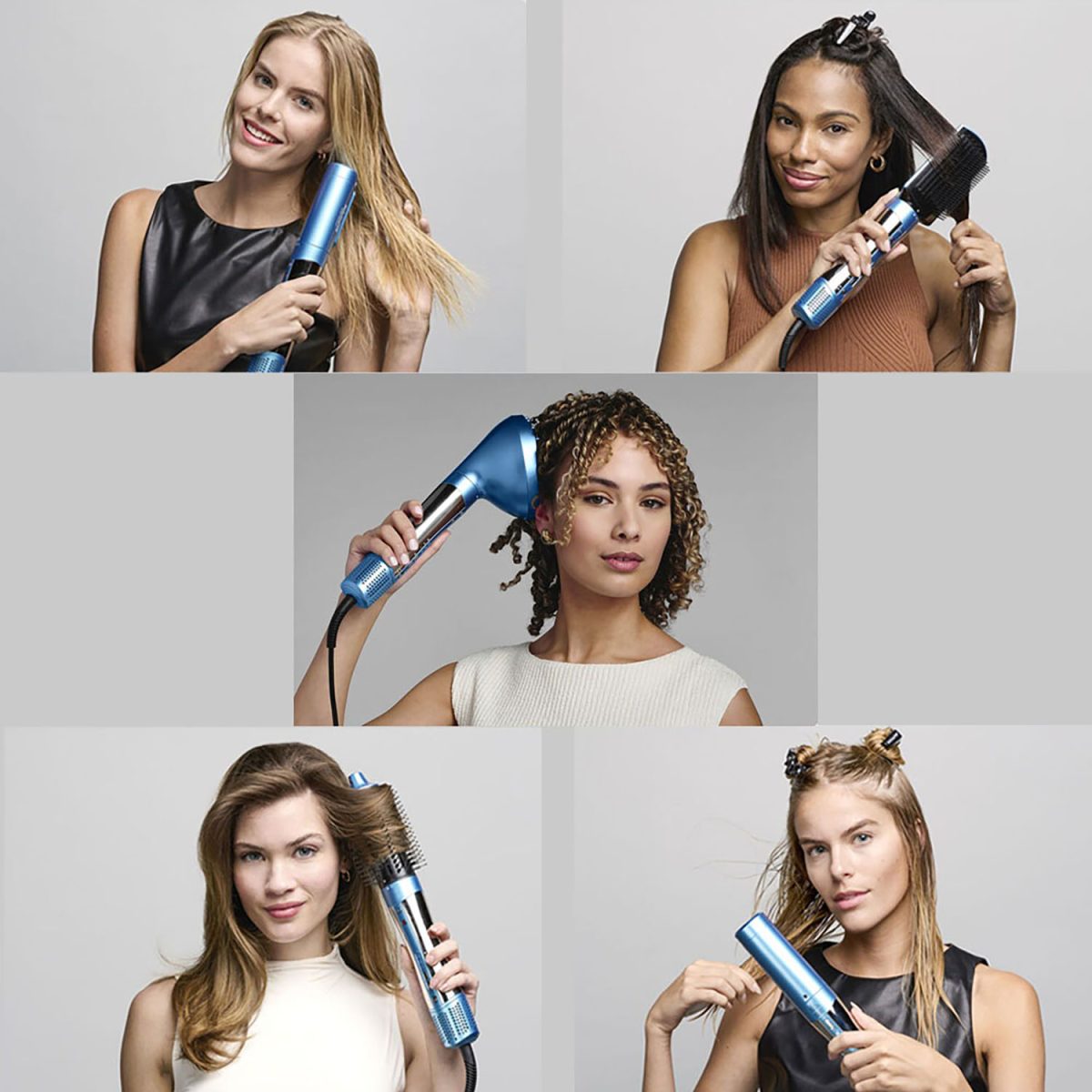 Five women demonstrating different styling techniques using the BaBylissPRO High-Speed Ionic Multi-Styler & Dryer, highlighting its versatility in straightening, curling, and drying hair.