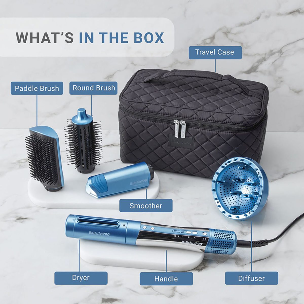 the box of BaBylissPRO Ionic Multi-Styler & Dryer. Adjustable Hair Dryer, Smoother, 1 3/4" Round Brush, Paddle Brush, Diffuser with Extra-Deep Bowl.