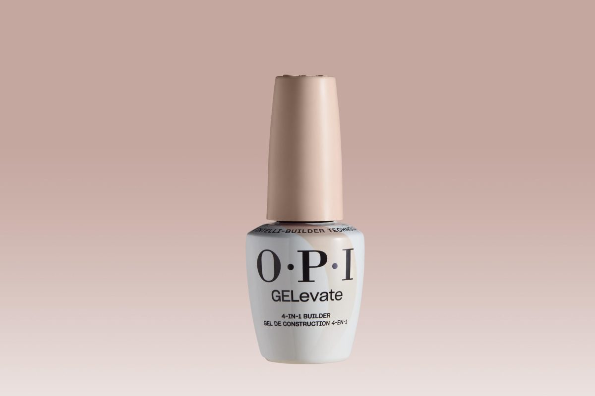 A bottle of OPI GELevate nail polish against a gradient background that transitions from peach to light pink. The nail polish bottle is white with a beige cap, and the label reads "O·P·I GELevate."