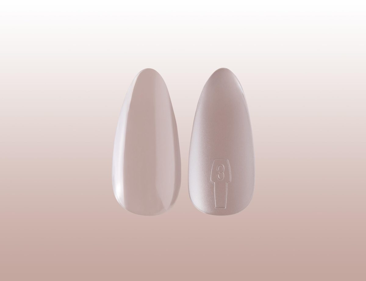 A close-up image of two almond-shaped nails coated with OPI GELevate Builder Gel. The nails have a smooth, glossy finish with a soft neutral tone. One nail features a subtle embossed design near the tip, adding an elegant touch. The gel enhances the nails’ structure while maintaining a natural yet polished look.