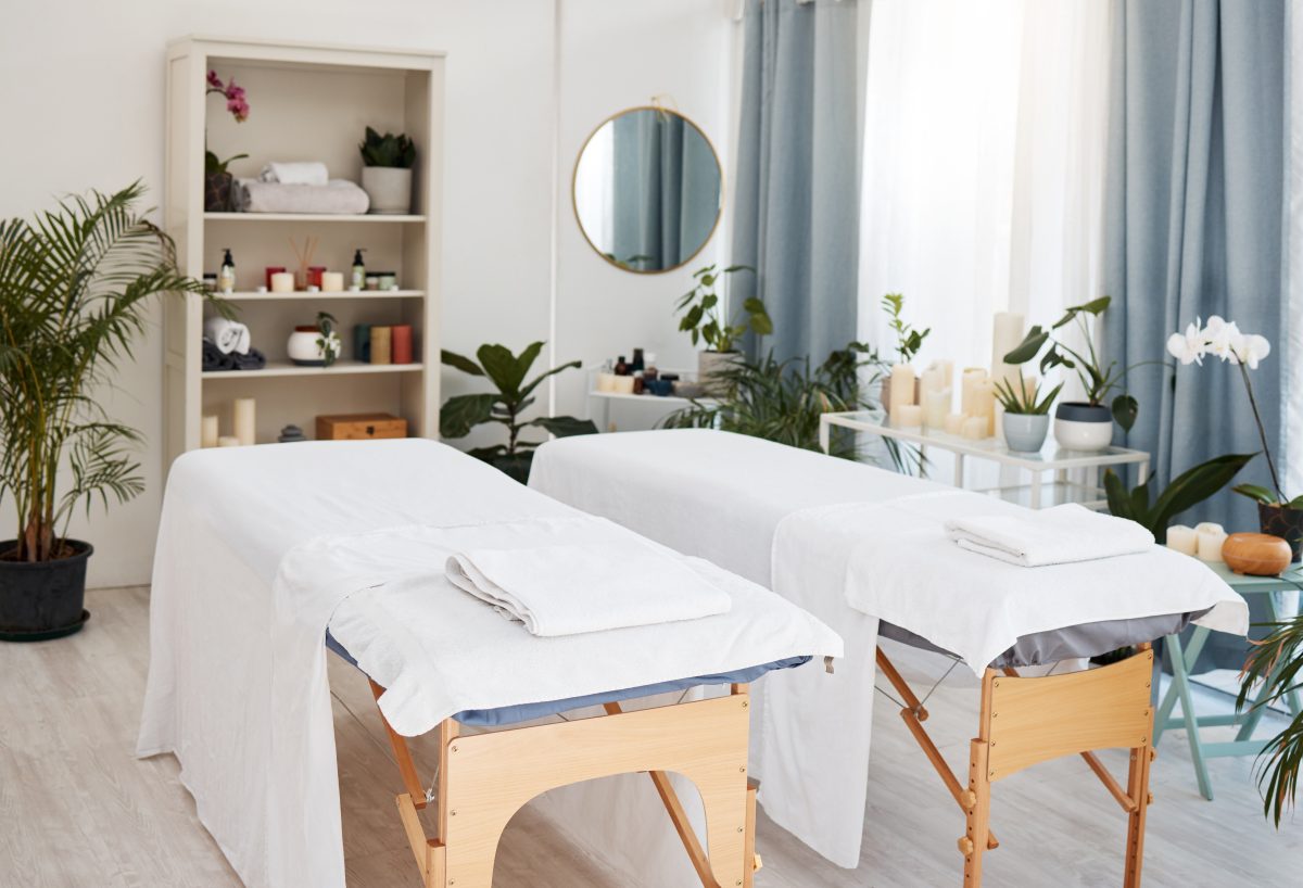 Touch the body. Heal the mind. Calm the spirit. Shot of a room in a spa