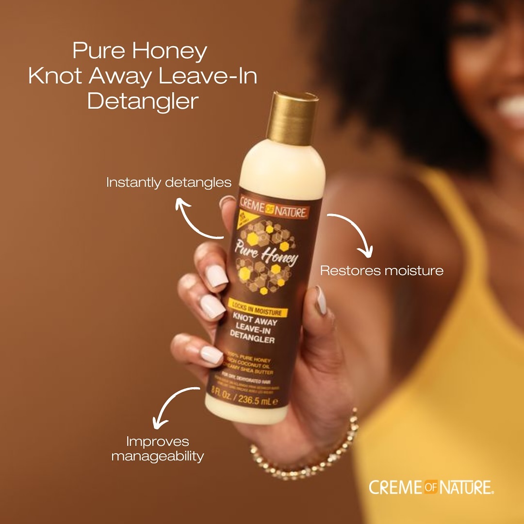 silky smooth hair with Pure Honey Knot Away Leave-In Detangler! Improves manageability for easy styling. Restores moisture for healthy, hydrated hair. Instantly detangles for smooth, knot-free strands. Tangle-free hair that’s a breeze to manage!