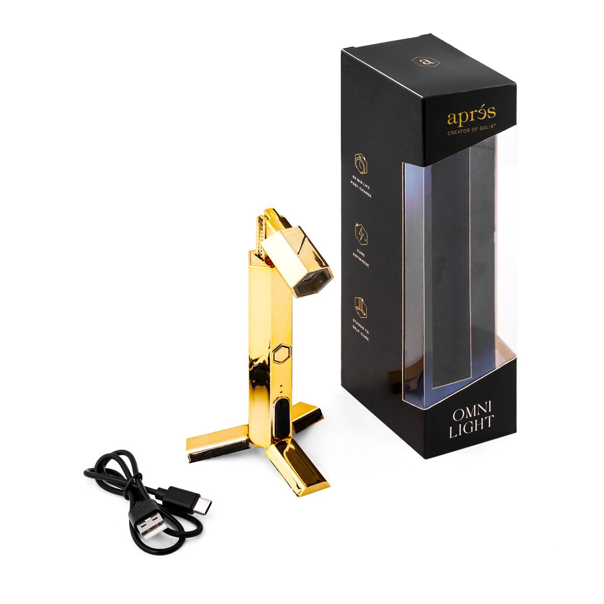 Apres Gel-X Omni Light - Gold, handheld wand and a standing self-cure lamp. Gel nails. curing gel nails. Apres Gel Nails. Light lamp charger.