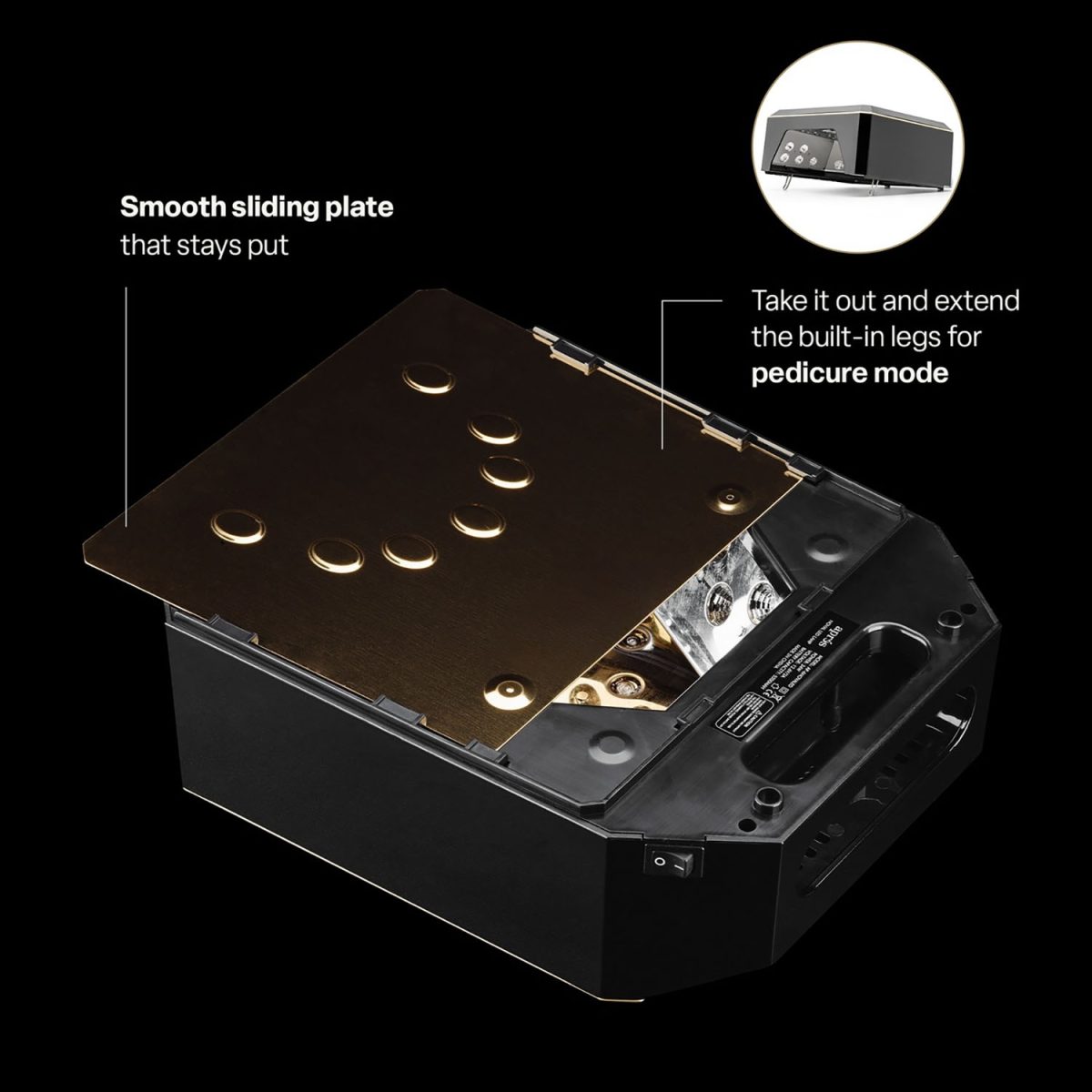 Close-up image of the Apres Nova LED Lamp’s smooth sliding plate, designed for stability and versatility. The photo emphasizes the removable tray and built-in extendable legs, showcasing its dual-use capability for both standard manicures and pedicure mode.