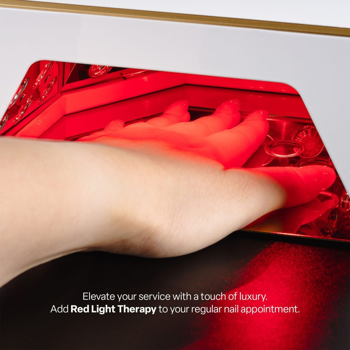 Apres Nova LED Lamp showcases its sleek, ergonomic design and modern aesthetic. The lamp is positioned on a clean surface, highlighting its curved structure, soft lighting, and premium finish — ideal for professional nail salons and beauty tech branding.