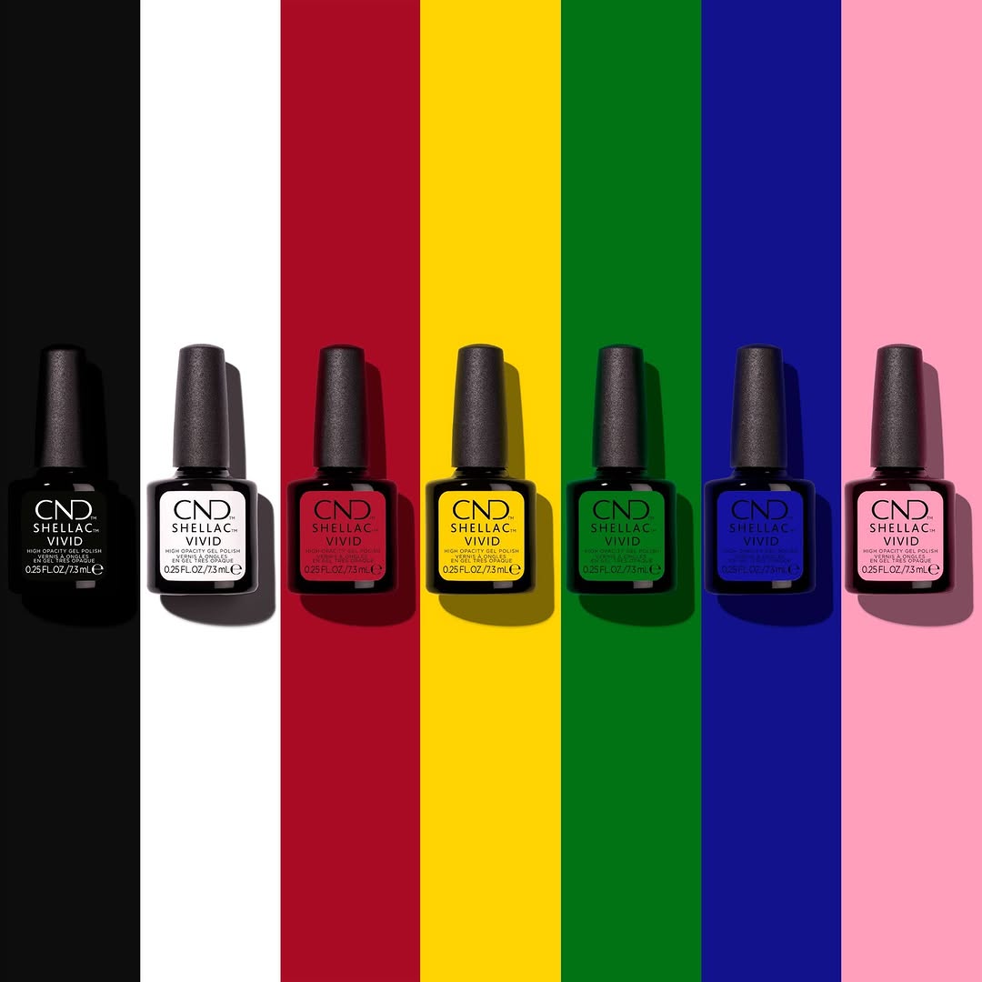 7 high opacity, BOLD shades from CND’s Shellac VIVID collection. CND Summer 2025 collection.