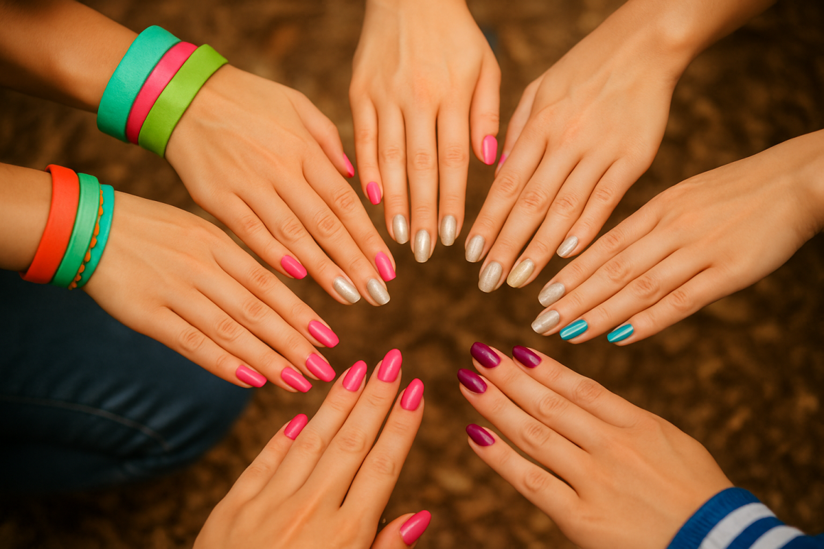 Different hands with different nails shapes, 2025 nail shapes. Different nail lengths.