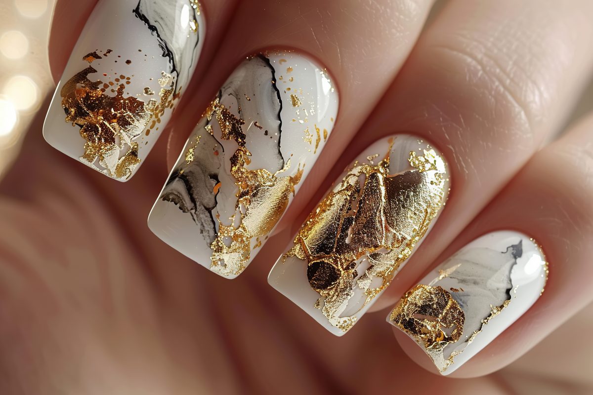 A close-up of a womans hand showcasing a stylish white and gold manicure, with intricate designs and shimmering details. Spring nails. Spring 2025 nails.