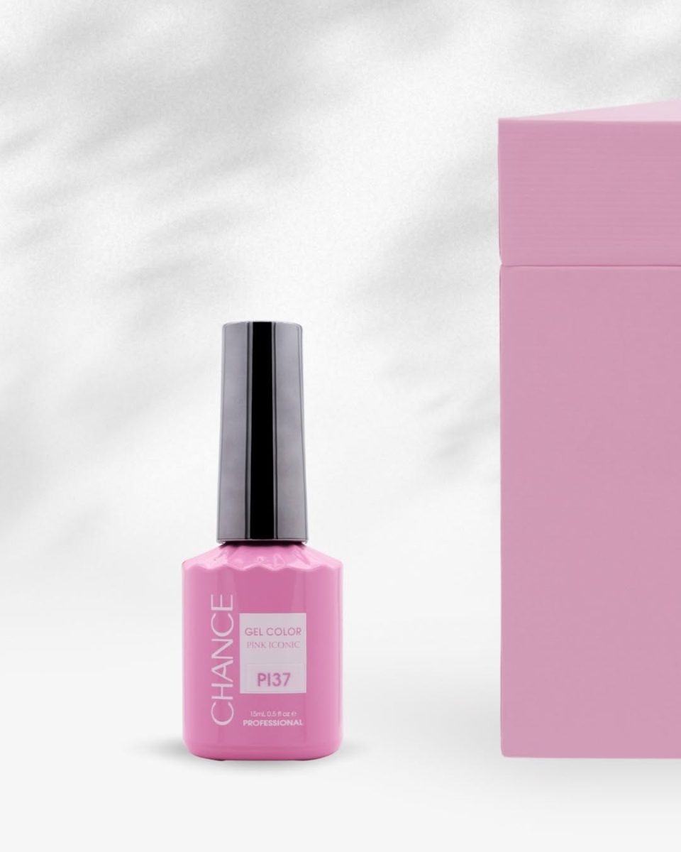 Close-up of a single 15ml bottle of Chance Gel Color Pink Iconic, shade code PI37, in a vibrant magenta pink. The professional-grade polish bottle stands next to the light pink collection box, highlighting the high-pigment formula for long-lasting pink gel manicures.