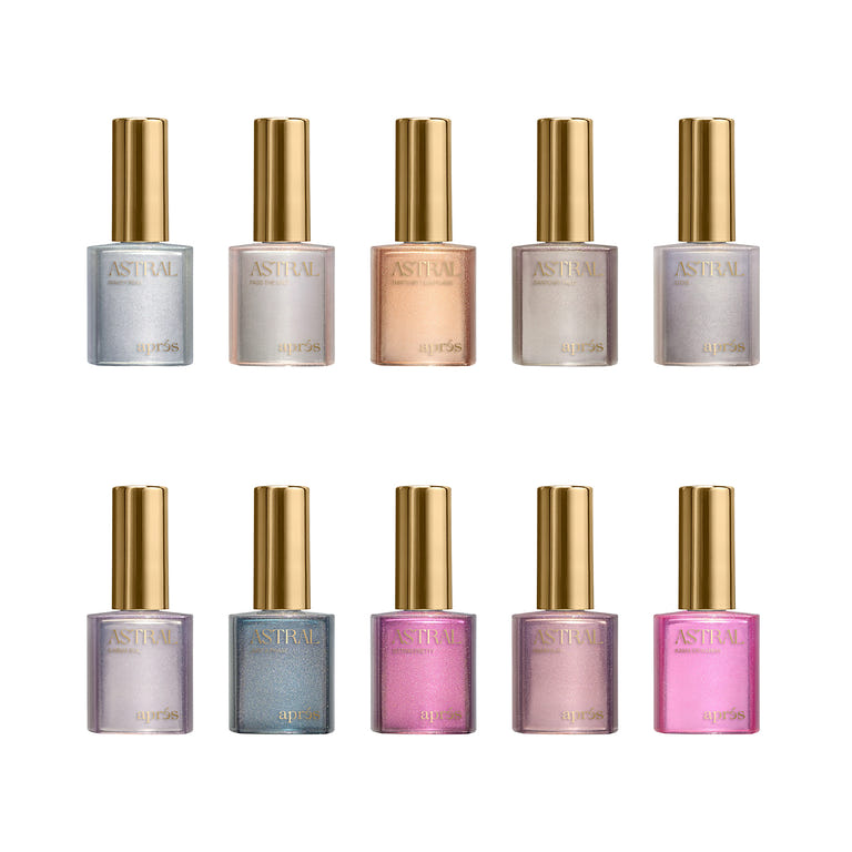Apres Astral Gel Couleur Flash Glitter collection set, featuring 10 individual sparkling and iridescent professional nail gel polish bottles.