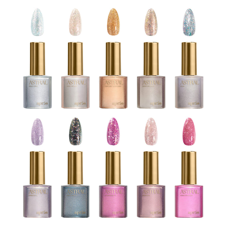 The complete set of 10 Apres Astral Gel Couleur Flash Glitter nail gels, shown with swatches above the gold-capped square bottles, highlighting the ultra-sparkling finish in shades ranging from silver to pink and purple.