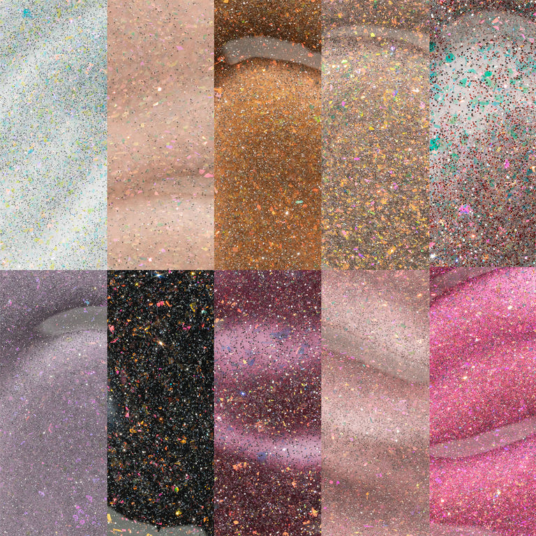 A macro swatch collage of the 10 Apres Astral Gel Couleur Flash Glitter shades, showcasing the intense sparkle and multi-colored reflective particles in bright silver, bronze, dark charcoal, and vivid pink finishes.