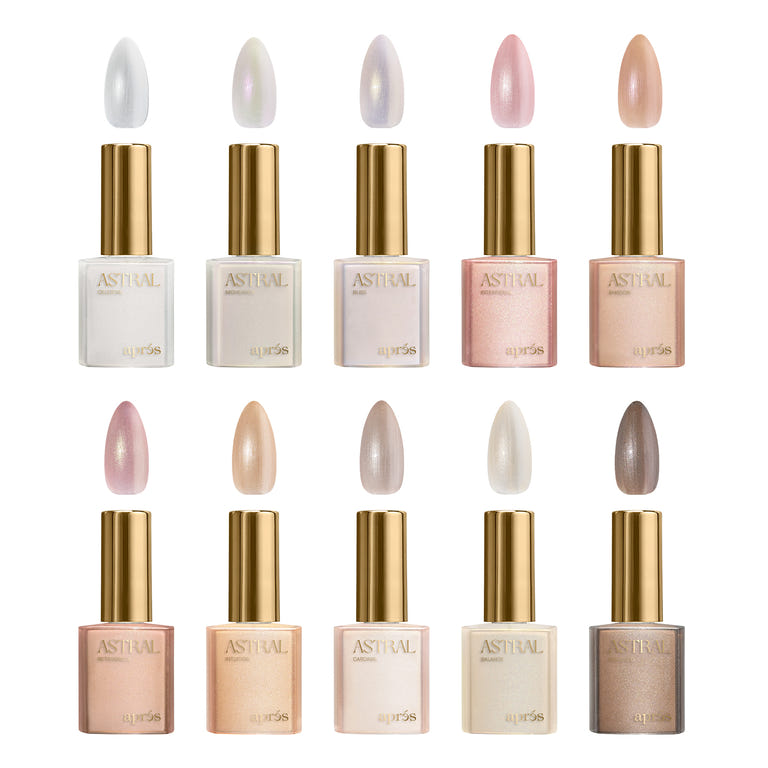 The Apres Astral Gel Couleur Pearlescent collection, featuring 10 bottles and swatches highlighting the translucent, iridescent pearl-like effect across light nude and pink color families.