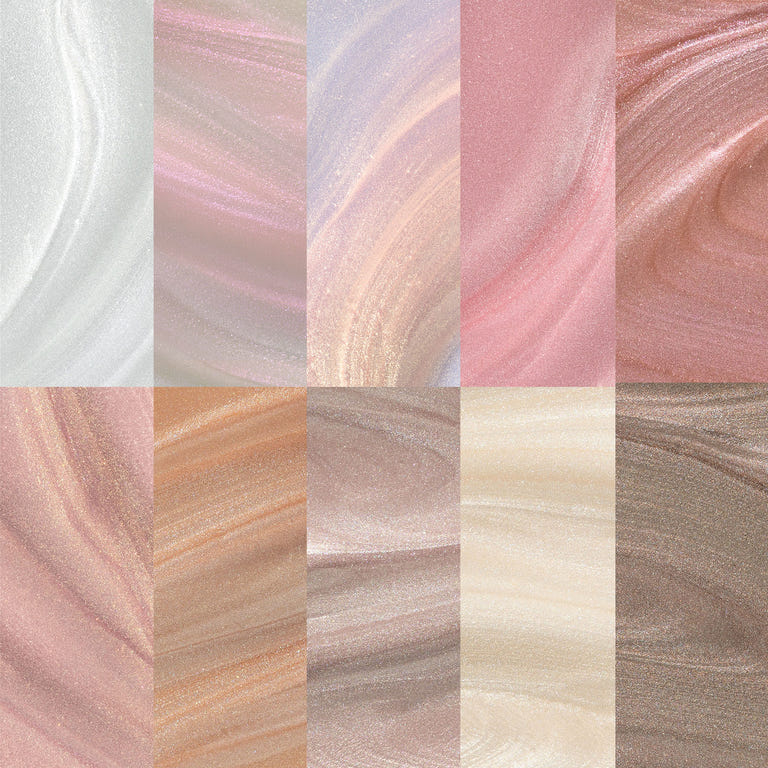 A macro collage of 10 Apres Astral Pearlescent Gel Couleur swatches, showing the soft, glowing, and multi-dimensional finish in detail, ranging from shimmering white to warm toasty taupe.