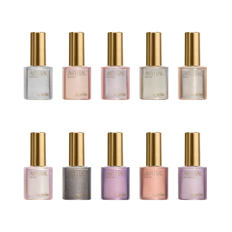 A set of 10 Apres Astral Gel Couleur Shimmer Cat Eye bottles, featuring the sparkling magnetic finish in light pinks, nudes, and silver tones, designed for dynamic nail art effects.