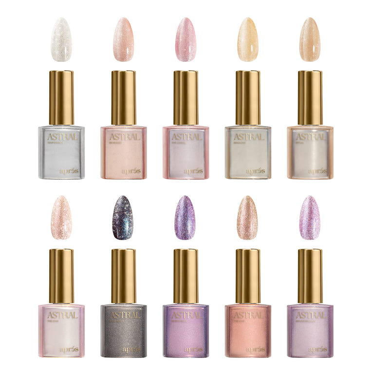 The Apres Astral Gel Couleur Shimmer Cat Eye collection, showing 10 bottles and their swatches, highlighting the dazzling glitter and magnetic metallic particles across pink, gold, and vibrant purple shades.