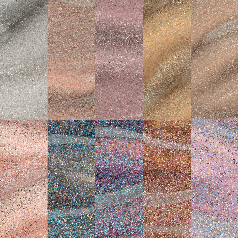 A macro swatch collage of 10 Apres Astral Shimmer Cat Eye gels, showing the texture of super-fine glitter and magnetic pigments in shades of rose gold, bronze, and deep multi-chrome blue and purple.