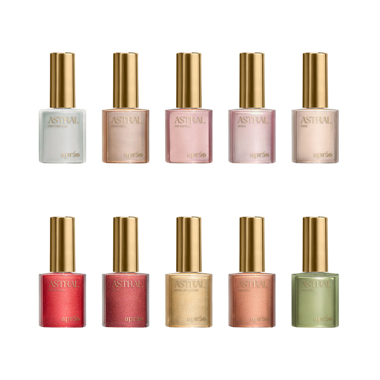 A set of 10 Apres Astral Gel Couleur Velvet Cat Eye bottles, showcasing the rich, regal magnetic finish in shades from icy white and nude to vibrant red and sage green.