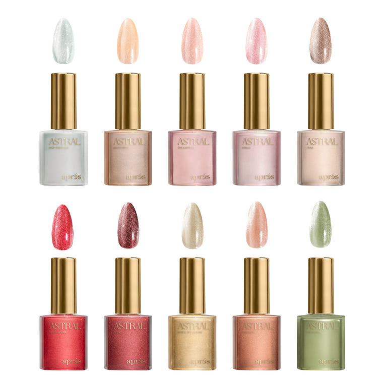 The Apres Astral Gel Couleur Velvet Cat Eye collection, featuring 10 bottles and swatches that highlight the luxurious, glowing velveteen finish created by the super-fine magnetic particles.