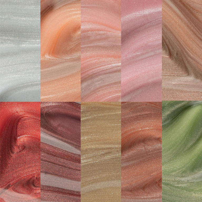 Macro swatch collage of 10 Apres Astral Velvet Cat Eye gel colors, showing the smooth, metallic, and highly pigmented texture in warm tones like copper, rose, gold, and deep red.