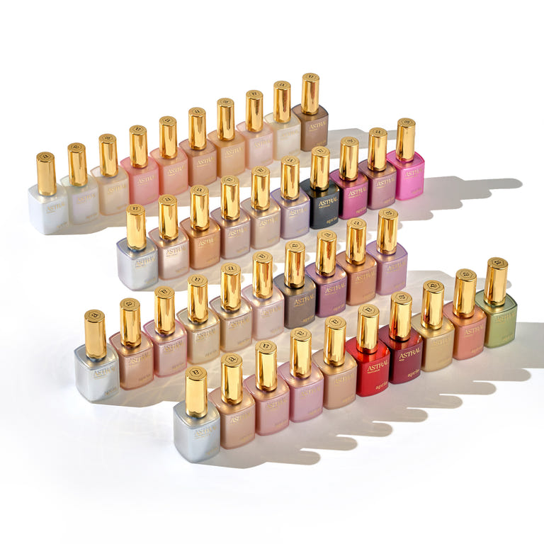 Apres Astral Gel Couleur 40-piece collection set, featuring all Flash Glitter, Pearlescent, Velvet Cat Eye, and Shimmer Cat Eye professional nail gel finishes.