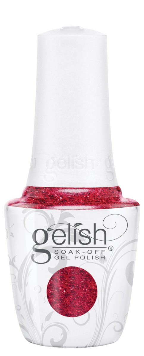 Close-up of Gelish Soak-Off Gel Polish in Poinsettia Stardust, a vibrant ruby red glitter shade from the Gelish Winter 2025 Floral Wonderland collection, perfect for dazzling holiday nails.