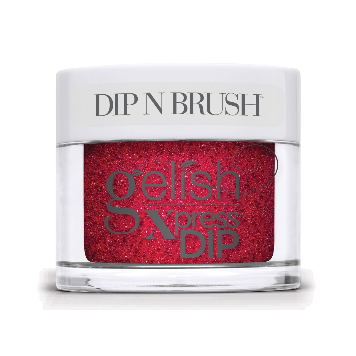 Container of Gelish Xpress Dip N Brush Powder in Poinsettia Stardust, a bold ruby red glitter from the Gelish Winter 2025 Floral Wonderland collection, offering long-lasting professional nail enhancement.