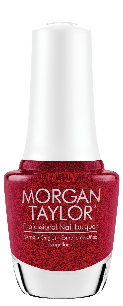 Bottle of Morgan Taylor Professional Nail Lacquer in Poinsettia Stardust, a sparkling ruby red glitter nail polish from the Gelish Winter 2025 Floral Wonderland collection, delivering festive holiday shine.