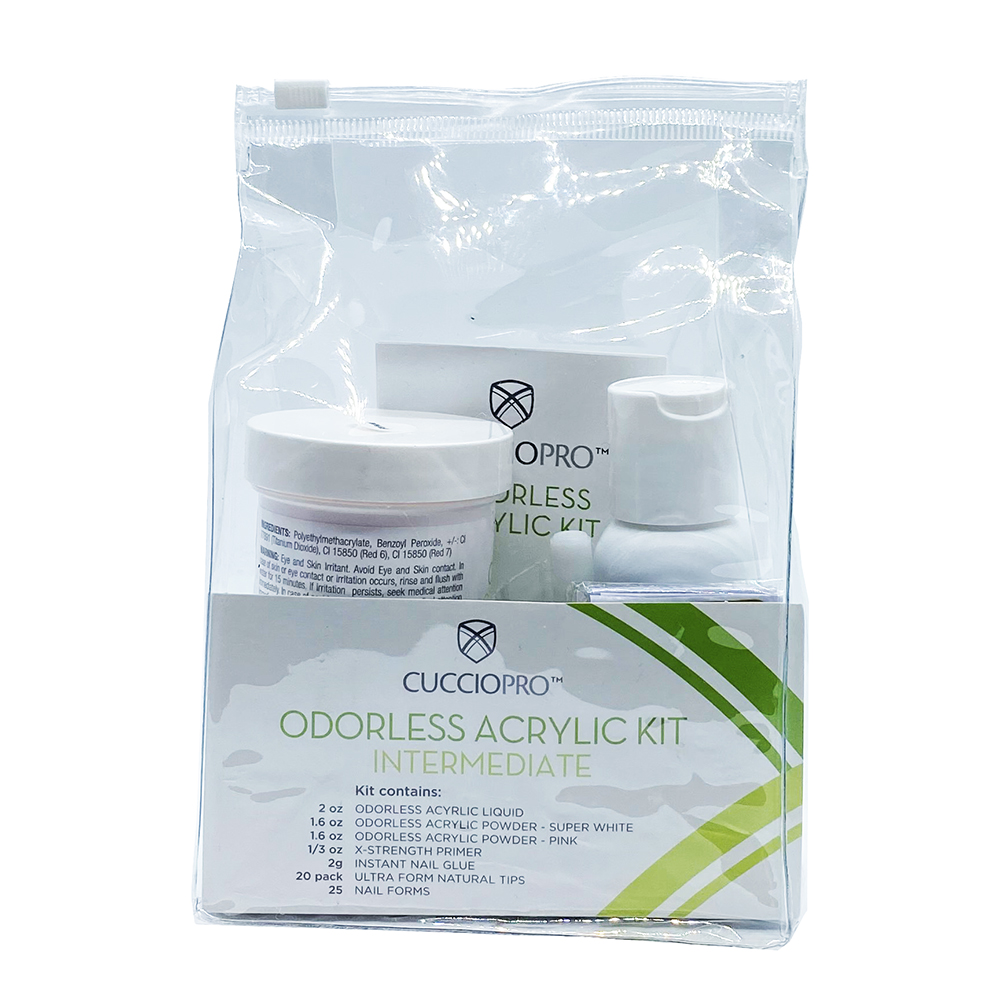 Best odorless acrylic nail kit for beginners featuring Cuccio Pro liquid and powder for a professional acrylic nail application without the strong smell.