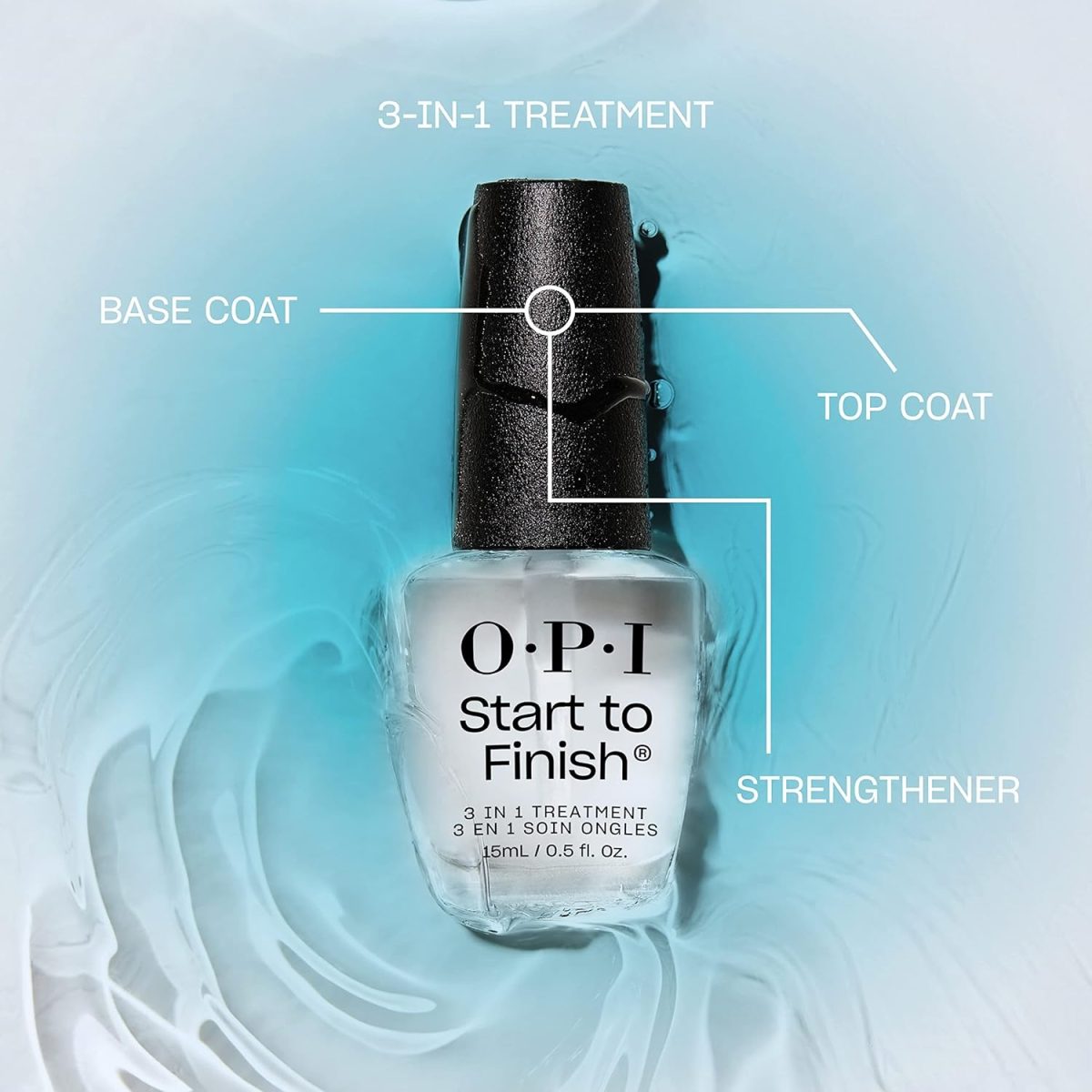 Close-up of OPI Start to Finish 3-in-1 bottle highlighting its triple-action formula as a base coat, top coat, and nail strengthener.